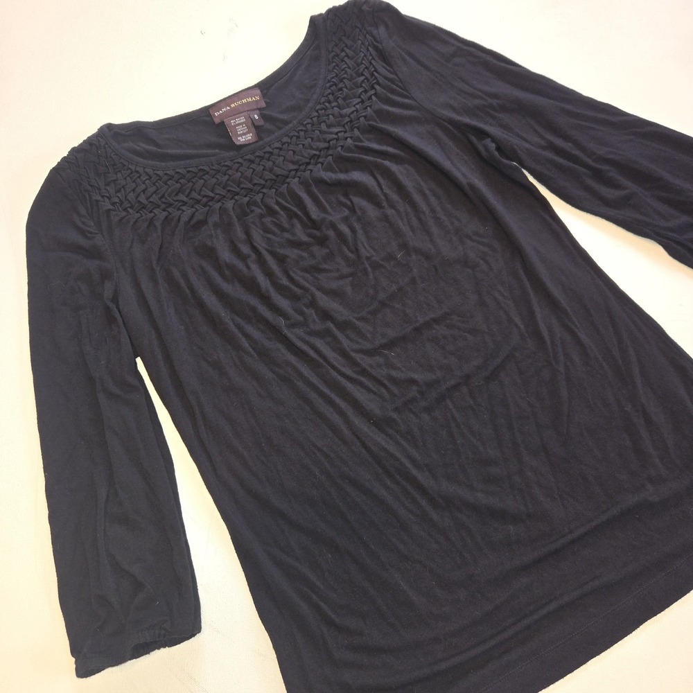 Dana Buchman Black 3/4 Sleeve Blousey Braided Collar Shirt Womens Small